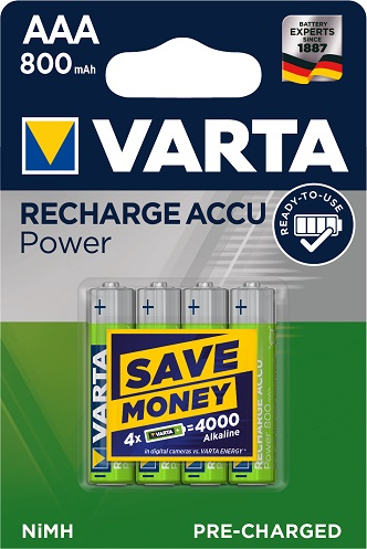 VARTA Recharge Accu Power Micro AAA, HR03, LR03, 1.2V, 800mAh, 4er Blister