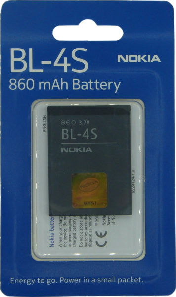 Akku Nokia original BL-4S für 1650, 2680, 3600 slide, 3710 fold, 6208c, 7100, 860mAh, im Blister